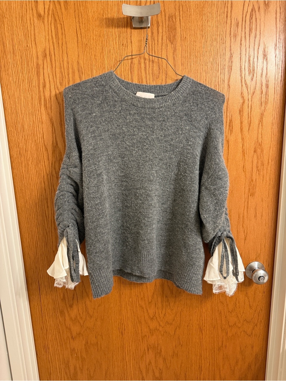 cinq a sept Gray Crewneck Sweater with Lace Cuffs, like new